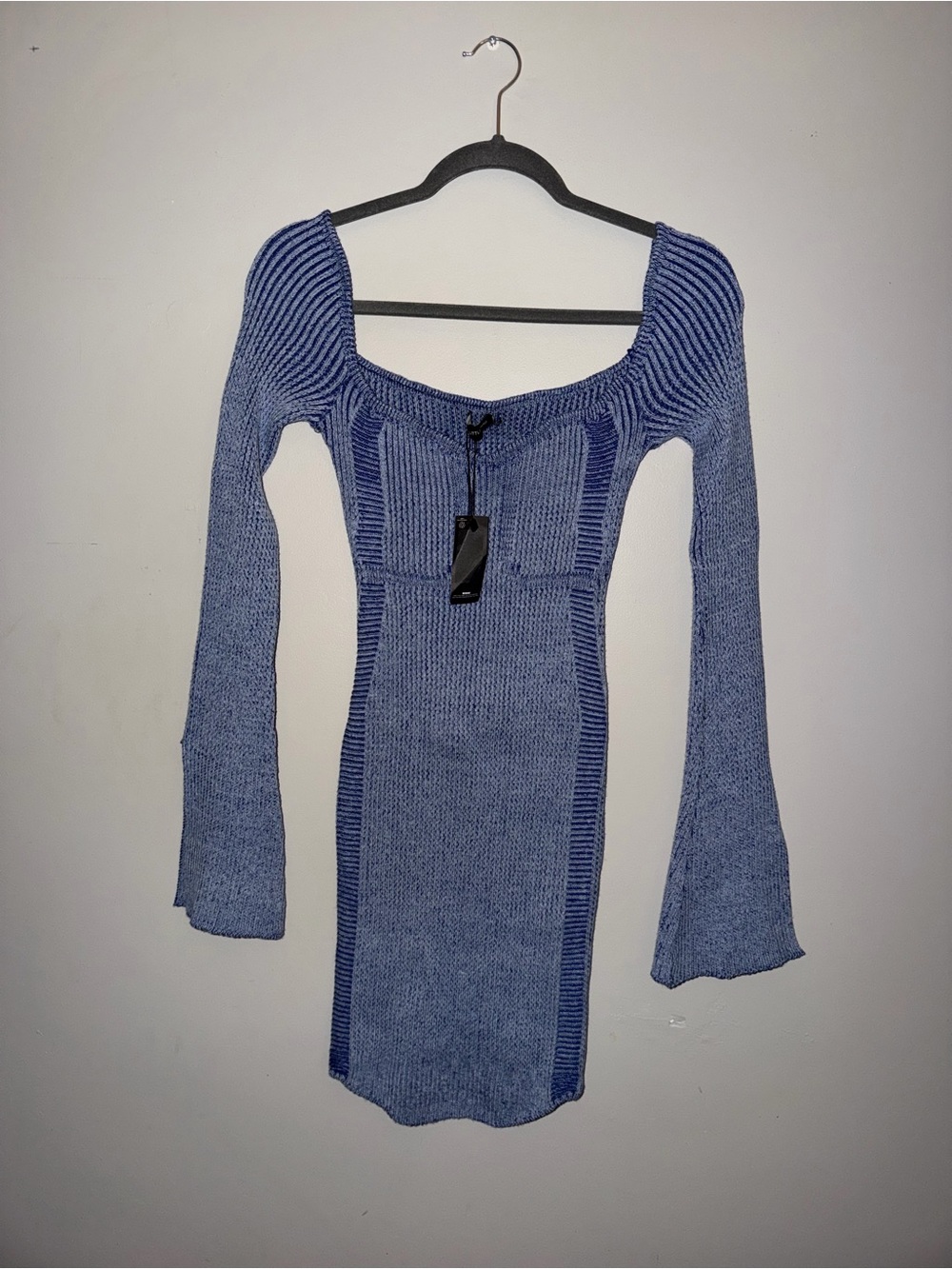 PLT Blue Ribbed Knit Square Neck Bodycon Dress